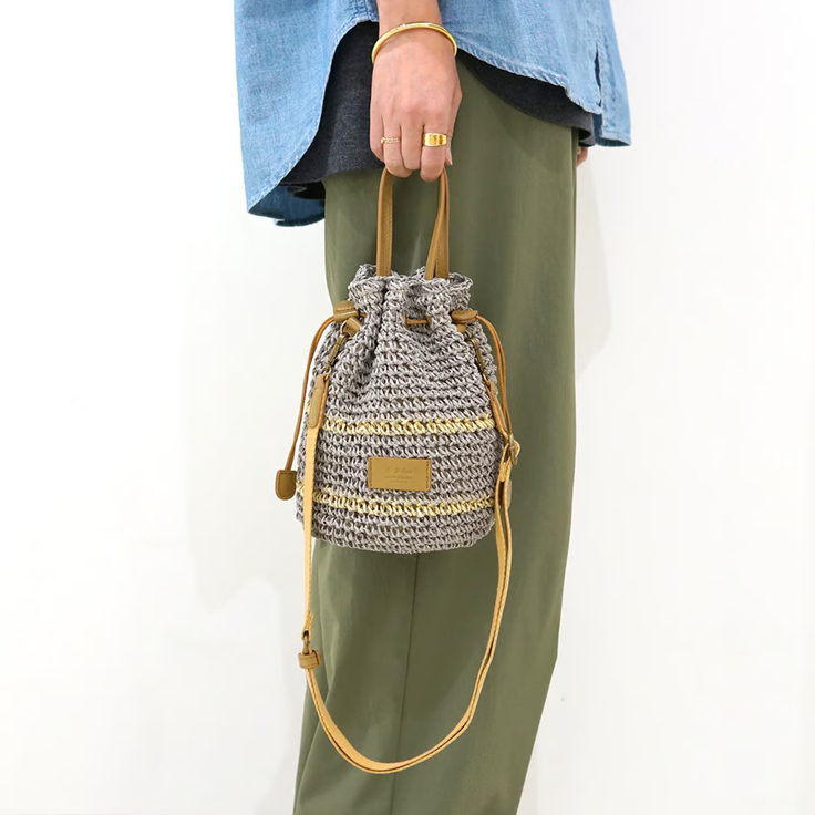 Folna  ペーパー巾着2wayバッグ  /Grayボーダー#15