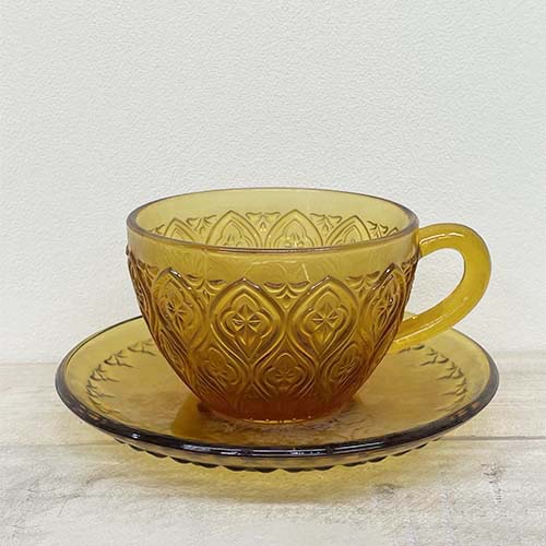 GLASS CUP & SAUCER ''FIORE'' AMBER