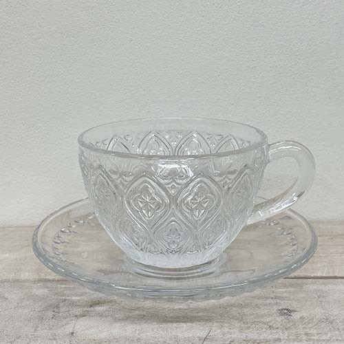 GLASS CUP & SAUCER ''FIORE'' CLEAR