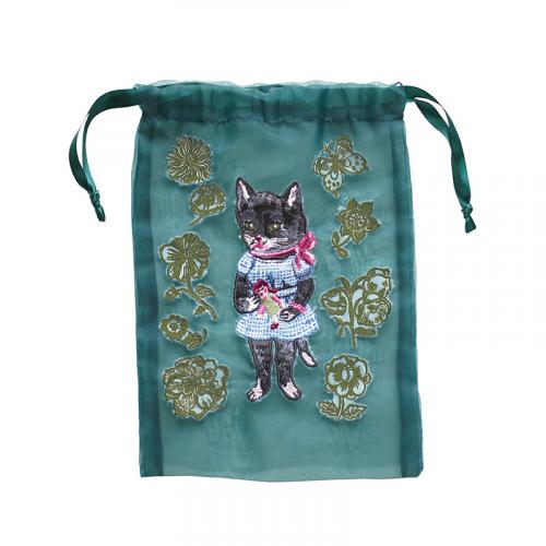 Nathalie Lete Organdy Drawstring pouch /Black cat